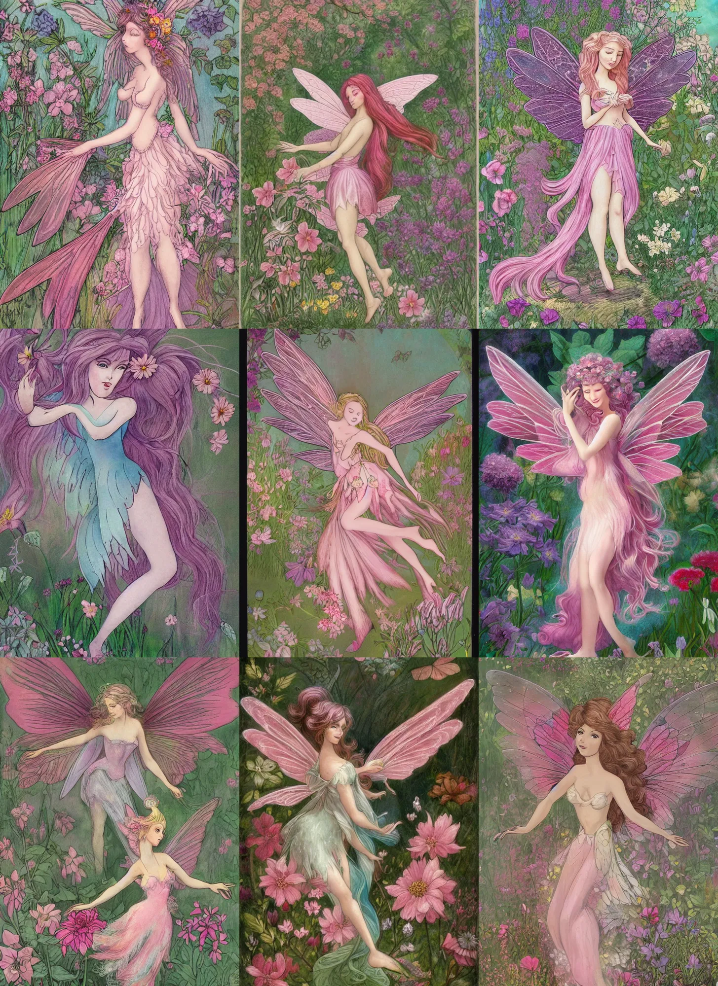 Prompt: full body of a pink beautiful fairy with large wings and flowing hair is exploring her flower garden, extremely detailed, muted colors, negative space