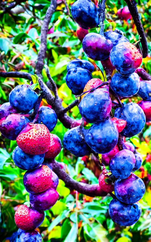 Prompt: a macro shot of a fruit hanging on a tropical tree, it is very colorful but has mainly shades of blue and violet, it looks poisonous but tasty