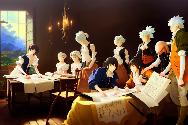 Image similar to baroque oil painting of key visual environment concept art of the anime maids signing the declaration of independence, brutalist, dark fantasy, rule of thirds golden ratio, fake detail, trending pixiv fanbox, acrylic palette knife, style of makoto shinkai studio ghibli genshin impact jamie wyeth james gilleard greg rutkowski chiho aoshima