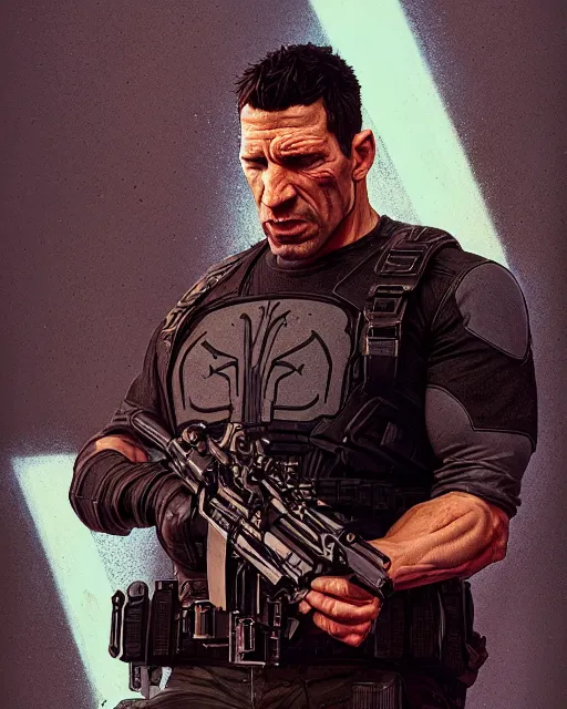 Image similar to highly detailed vfx portrait of the punisher as terminator, stephen bliss, unreal engine, greg rutkowski, loish, rhads, beeple, makoto shinkai and lois van baarle, ilya kuvshinov, rossdraws, tom bagshaw, alphonse mucha, global illumination, detailed and intricate environment