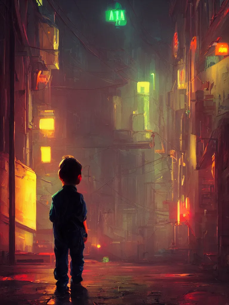 Image similar to a single little boy in a dark alley in a big city with neonlights by night a painting from stalenhag, 4 k, 8 k, hdr, artstation, concept art