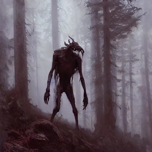 Prompt: portait of a wendigo!!!!!!!!!! in a forest in the distance, by jeremy mann, by tiepolo, mike mignola, by greg rutkowski, shrouded by misty, at dusk, mysterious atmosphere, high detailed, 8 k