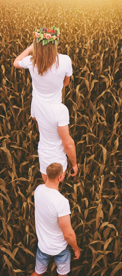 Image similar to agfa vista 4 0 0 photograph of a skinny blonde guy standing in a cornfield, flower crown, back view, grain, moody lighting, telephoto, 9 0 s vibe, blurry background, vaporwave colors!, faded!,