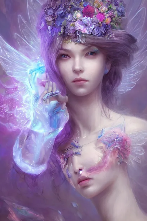 Prompt: face closeup covered with ice of extremely beautiful girl necromancer, magical fairy flowers and ice velvet, diamonds, angels, 3 d render, hyper - realistic detailed portrait, holding fire and electricity rainbow, ruan jia, wlop. scifi, fantasy, magic the gathering, hyper detailed, octane render, concept art, peter mohrbacher