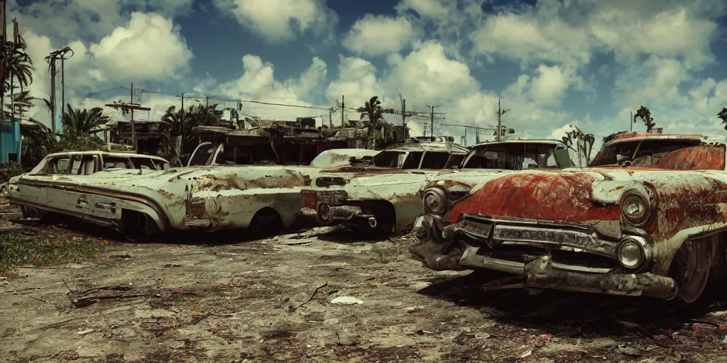 Prompt: fallout 5, photo of dilapidated miami, tropical coastal city, desolate, dilapidated, few rusted retro futuristic vintage parked vehicles, sunny weather, few clouds, volumetric lighting, photorealistic, daytime, spring, sharp focus, ultra detailed, 4 1 0 0 k, technicolour 1