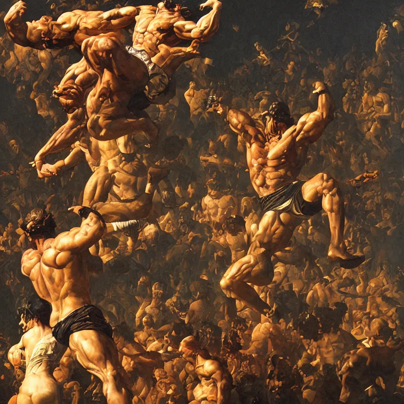 Prompt: a baroque neoclassicist close - up painting of brown bodybuilder people jumping out of picture frames. reflective detailed textures. glowing colorful fog, black background. highly detailed fantasy science fiction painting by moebius, norman rockwell, frank frazetta, and syd mead. rich colors, high contrast. artstation