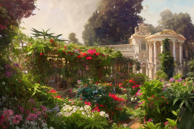 Image similar to weed greenhouse, rococo style, greek architecture, green marble building, marijuana trees, multicolored weed leaves, dynamic lighting, landscape, artwork by jeremy lipkin and giuseppe dangelico pino and michael garmash and rob rey and greg manchess and huang guangjian and makoto shinkai, pixiv, 1 0 0 mm