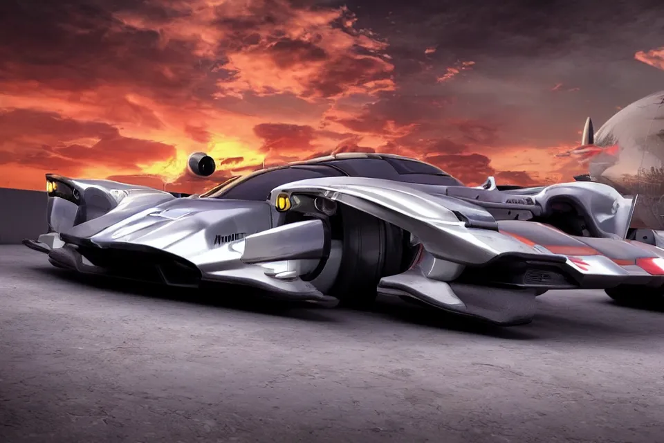 Image similar to Futuristic Hover Car Le Mans Races In Italy Circa Year 10,0000, Hover Vehicles Designed by Syd Mead and Pininfarina, beautiful sunset, photorealistic, hyperrealistic, octane render, HDR, IG Studios Anime Style