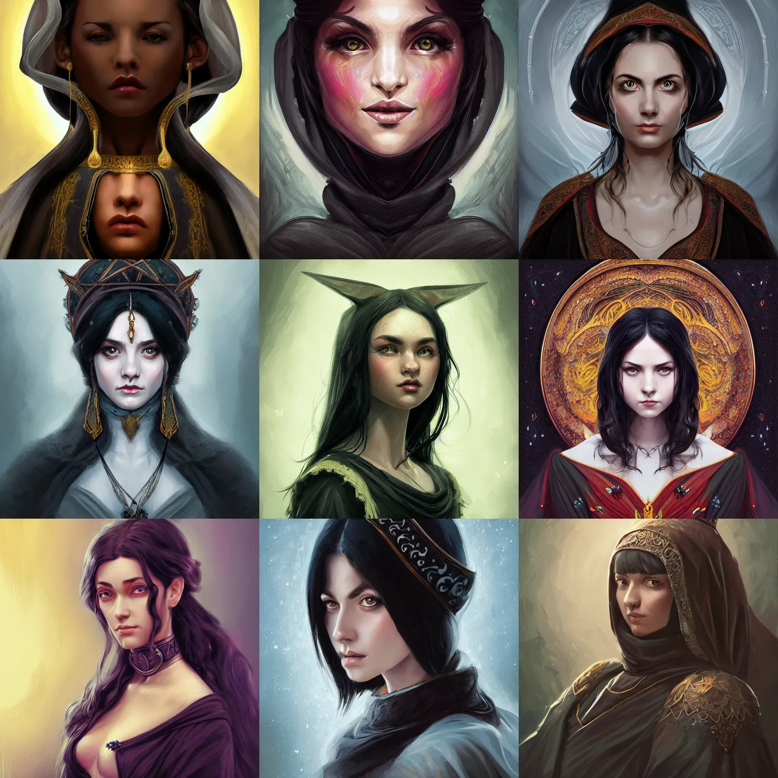 Prompt: head-on symmetrical centered painted portrait, young woman D&D wizard, black hair, medieval robes, fantasy, intricate, elegant, highly detailed, digital painting, smooth, sharp focus, illustration, artstation, in the style of Artgerm and Anna Podedworna and Alex Ross