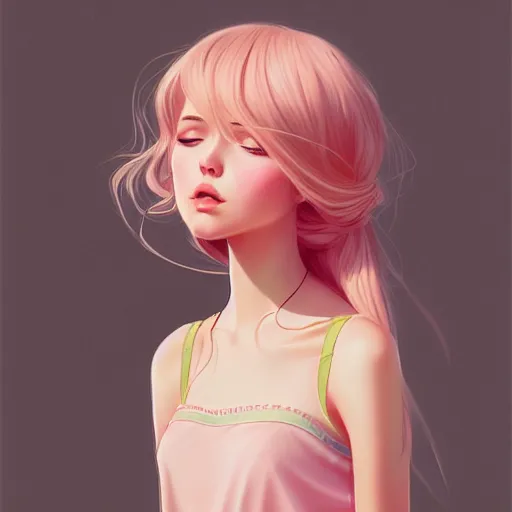 Image similar to young girl in summer dress art, pastel light pink long hair, muted colors, matte print, pastel colors, ornate, digital art, digital painting, fan art, elegant, artstation, head is centered, by Ilya Kuvshinov