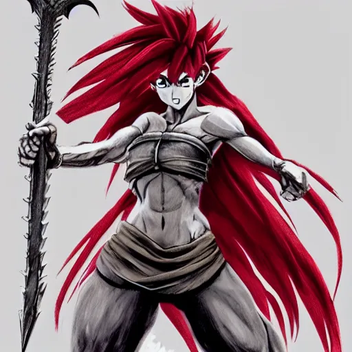 Image similar to realistic art style, ultra - detailed, saiyan girl, wild spiky red hair, long spiky hair, electrified hair, holding scimitar made of bone, scimitar, sword, jagged sword, curved sword, orkish sword, colorized, gray skin, hyper - detailed, primeval fantasy, prehistoric fantasy, drawn by frank frazetta and boris vallejo