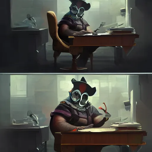 Image similar to a insanely detailed painting of a chubby masked asian man wearing a costume sitting at a desk, staring at the nervously at the computer typing, in the style of peter mohrbacher, dramatic lighting and composition, trending on artstation, concept art, comic book