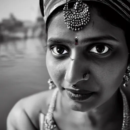 Image similar to A beautiful indian woman wearing traditional clothes half immerged in the Ganges river looking at the camera with an hypnotizing glare. CANON Eos C300, ƒ4, 15mm, natural lights