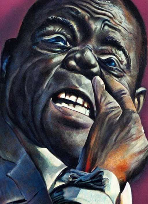 Image similar to a portrait of louis armstrong telling a joke, by drew struzan, dramatic lighting, highly detailed digital painting