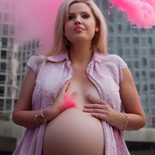 Image similar to a beautiful blonde pregnant woman, in front of 9 / 1 1 with pink smoke, 1 2 0 mm, clear details, award winning