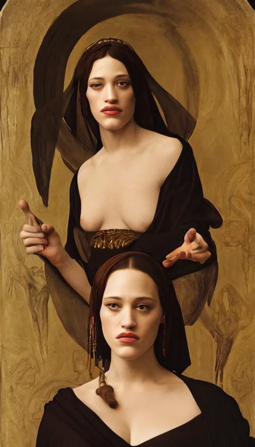 Prompt: Concept Art of cinematography of Terrence Malick film stunning portrait of featuring Kat Dennings as an ancient babylonian priestess, by Monia Merlo by Michelangelo da Caravaggio