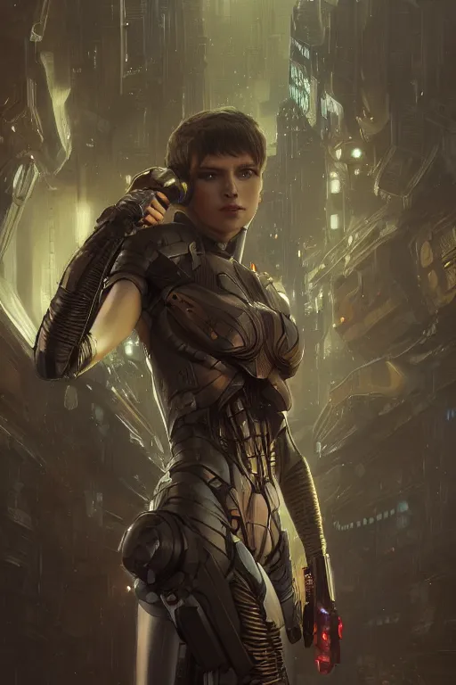 Image similar to female space android, sci-fi, blade runner, third person, D&D, sci-fi fantasy, intricate, highly detailed , art by artgerm and greg rutkowski and alphonse mucha and loish and WLOP, highly detailed, 3d, octane render, bright colors, digital painting, trending on artstation, sharp focus,