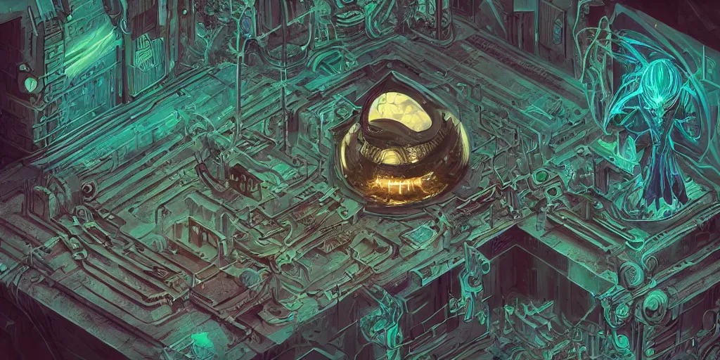 Image similar to isometric portrait of advanced alien, his last moment, mystical, technology meets fantasy, map, infographic, concept art, art station, style of giger, wes anderson