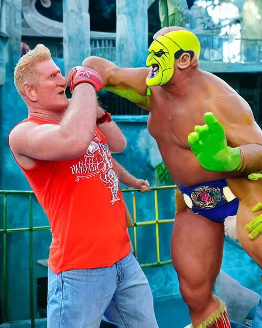 Prompt: michael rapaport in a yapapia indian strap match against hulk hogan at port aventura. photographic, photography