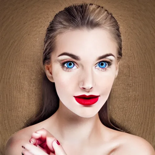 Image similar to a highly detailed symmetric face of a pretty young woman, hyperrealistic, detailed eyes, red lipstick