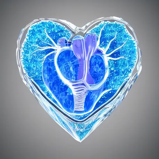 Image similar to crystal cave with large transparent crystals forming a human heart, intricate details, 3 d occlusion, blue on transparency on silver, heart