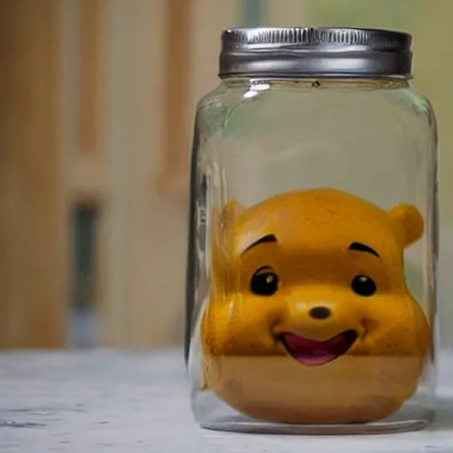 Prompt: a jar - sized winnie the pooh head = a jar of honey, surreal, realism