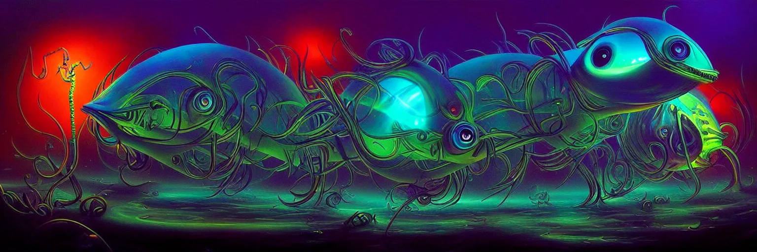 Image similar to strange alien fish creatures from the depths of the collective unconscious, dramatic lighting, surreal darkly colorful painting by ronny khalil