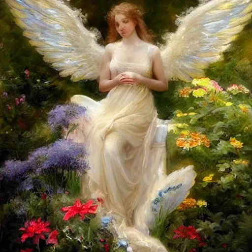 Image similar to an exquisite portrait painting of a beautiful angel with her wings spread out, in a dreamy garden by daniel gerhartz. highly detailed, back lit, beautiful painting, soft illumination, atmospheric, ethereal