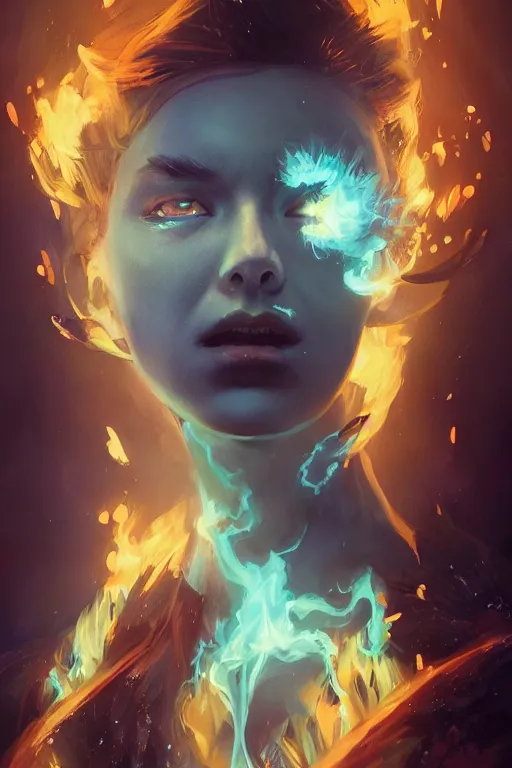 Image similar to a fancy portrait of a young Demon girl engulfed in blue flames by Greg Rutkowski, Sung Choi, Mitchell Mohrhauser, Maciej Kuciara, Johnson Ting, Maxim Verehin, Peter Konig, final fantasy , 8k photorealistic, cinematic lighting, HD, high details, atmospheric , trending on artstation