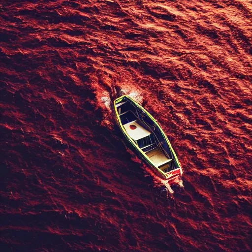 Image similar to a lonely boat floating in the turbulent red ocean, tsunami, fierce huge waves, dangerous depressing atmosphere, dark tone, disaster film, filmic, cinematic, aerial view