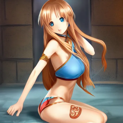 Image similar to a very beautiful young yuuki asuna, full body, long wavy blond hair, sky blue eyes, full round face,, shiny golden bikini, miniskirt, front shot, sitting in a dark prison cell, highly detailed, cinematic wallpaper by stanley artgerm lau
