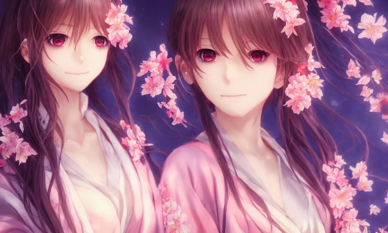 Image similar to portrait three beautiful anime girls wear coctail kimono closeup | | sunny night, full moon, dreamlike art, realistic shaded, smile, good looking, hyper details, 4 k realistic, cryengine, realistic shaded lighting poster by artgerm, ross tran, fuji choko, 8 k resolution, trending on artstation, luxury