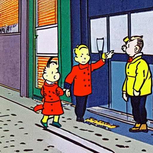 Image similar to tintin and snowy in a belgian 1 9 5 0 s street, drawn by herge in a ligne claire style with simple lines and bold colours