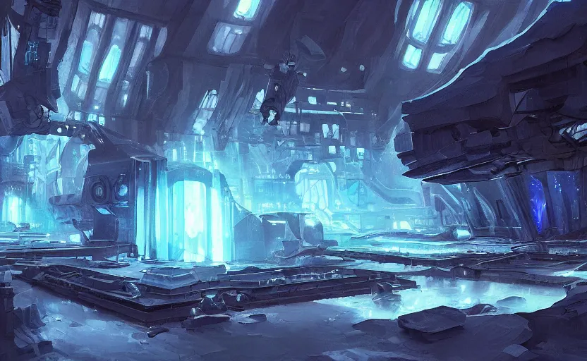 Prompt: futuristic factory in a dark cave, blue crystals, halo, star craft, concept art, mate painting, artstation