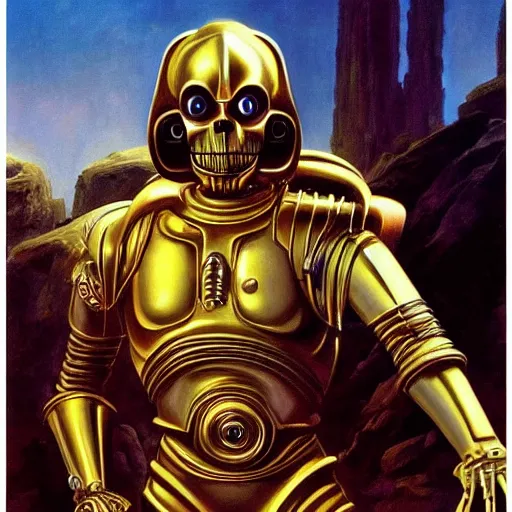 Image similar to ultra realistic portrait painting of skeletor as c 3 po, art by frank frazetta, 4 k, ultra realistic, highly detailed, epic lighting