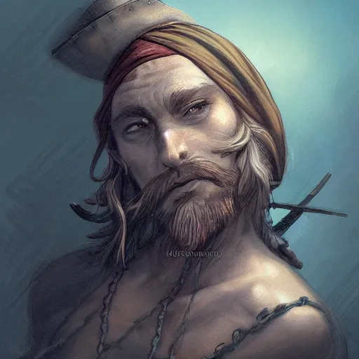 Prompt: aesthetic digital illustration of a sad pirate hanging his head sitting on a prison cot by magali villeneuve, artgerm, centered, concept art, deviantart