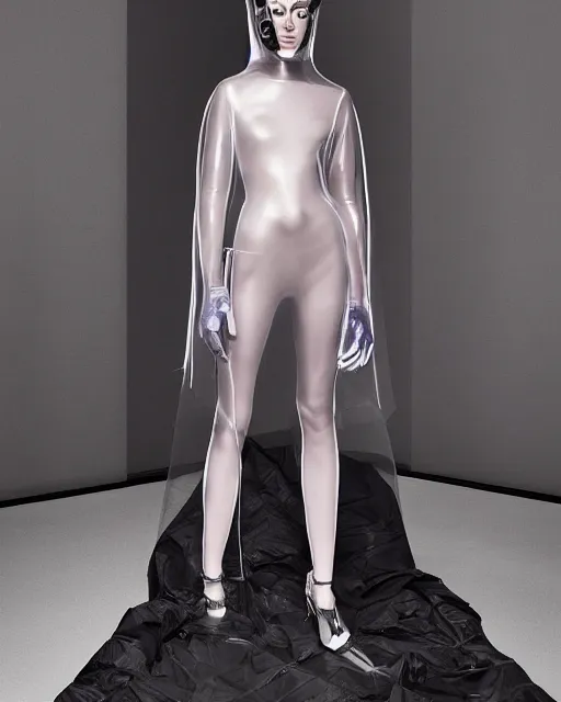 Image similar to an award winning fashion photograph of Balenciaga's transparent raincoat by Catherine Opie and Hajime Sorayama, Demna Gvasalia, cyberpunk, futuristic, Bladerunner 2049, dazzle camouflage!