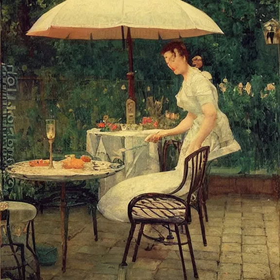 Image similar to a gorgeous housewife putting dishes on a table in the backyard, the table has a parasol, rainy scene, 1 9 5 0's, medium symmetry, by ilya repin, extreme detail, 8 k, intricate abstract, photorealistic