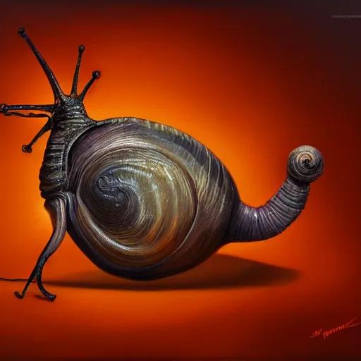 Image similar to snail with wings and feathers, oil painting, artstation, dramatic lighting, symmetry, beautiful