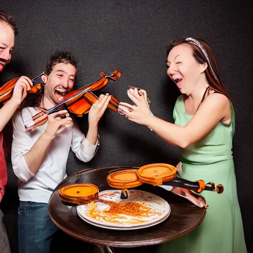 Prompt: laughing drunk people eating spaghetti and playing violins. highly detailed flash photography. fisheye lens