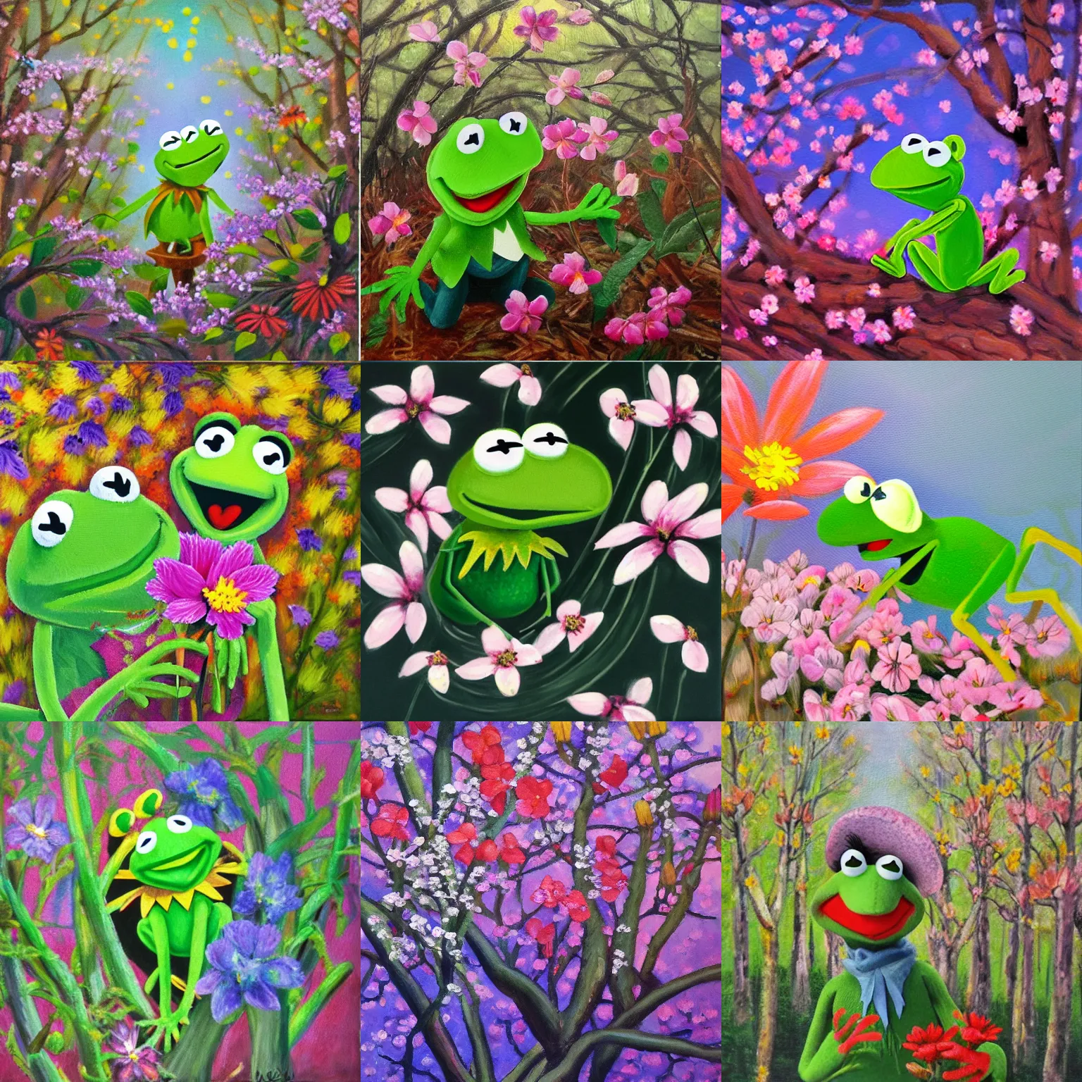 Prompt: The first day of spring. The woods are in bloom, and Kermit the Frog has found some flowers. Oil painting by Natsuki Arayama