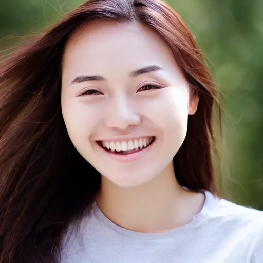 Prompt: face of a smiling beautiful 20 year old chinese woman with long brown hair