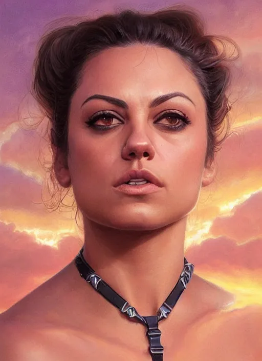 Image similar to epic portrait of Mila Kunis wearing black choker, a very strong muscled Amazon heroine, sun beams across sky, pink golden hour, intricate, elegance, highly detailed, shallow depth of field, epic vista, concept art, art by Artgerm and Donato Giancola, Joseph Christian Leyendecker