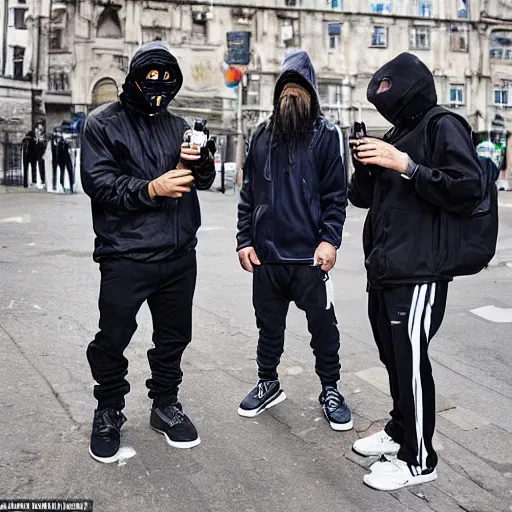 Prompt: two thugs smoking and drinking in the street wearing balaclavas, drum & bass, football hooligans, chonging cigs with dj hazard