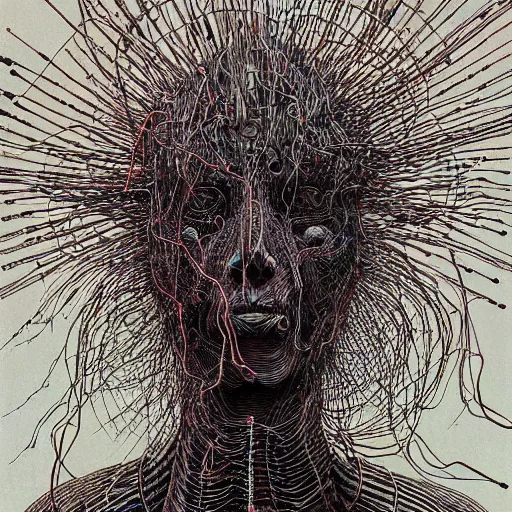 Prompt: a cyborg with many wires and cables Bursting out of them painfully and uncontrollably by junji ito and Zdzisław Beksiński