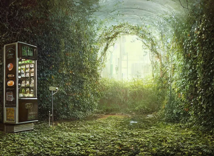 Prompt: trees growing in an abandoned shopping mall, overgrown vending machine, overgrown by flower, vines, at night, rays of moonlight, hyperrealistic, highly detailed, oil painting, intricate, cgsociety, artstation, 8 k, cinematic, muted colors, smooth, sharp focus, by greg rutkowski, by wlop, by artgerm