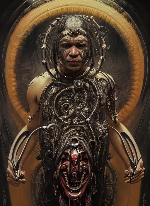 Image similar to masterpiece portrait of an biomechanical maori priest, surrounded by black liquid occult swirls, horror, dramatic lighting, h. r. giger, greg rutkowski, alphonse mucha, artgerm, donato giancola, tom bagshaw, trending on cgsociety, octane render, 8 k