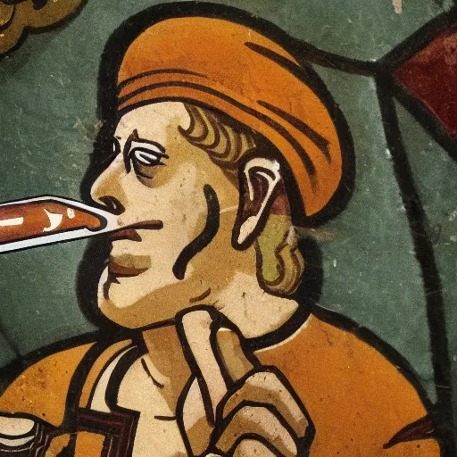 Prompt: fresco depicting Duke Nukem smoking a cigar found in a byzantine church dating back to the 12th century, intricate, highly detailed