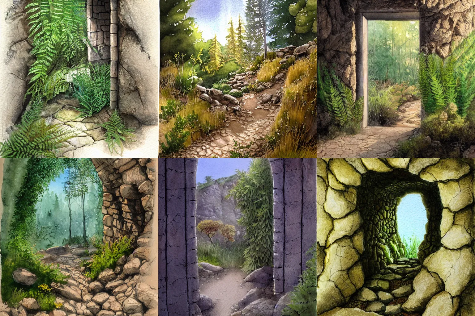 Prompt: door of a underground home, trees, rocks, dry ground, sandy, ferns, small path up to door, valley in back ground, soft light, james gurney, detailed watercolour, texture, 4k