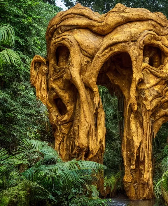 Prompt: photo of a giant sculpture made of liquid gold in the jungle, with beautiful great arches and detail, architecture carved for a titan